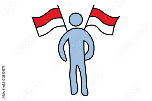 A simple 2D vector cartoon illustration depicting a stylized, featureless light blue human figure holding two red and white flags behind its back, set against a plain white background.