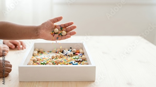 A child playing with small wooden beads and colorful sensory items in a white wooden tray.
