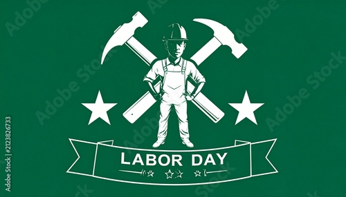 Worker with crossed hammers and colorful banner.