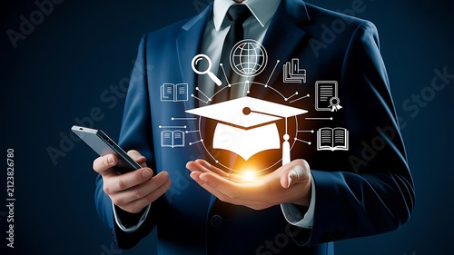 Businessman hand holding artificial intelligence and digital technology icons for business automation and education innovation