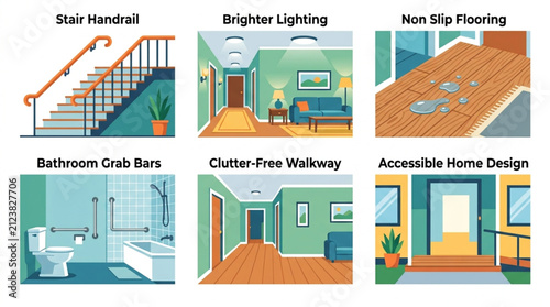 Illustration showcasing accessible home design elements like stair handrails, grab bars, non-slip flooring, and bright lighting for safety and independence