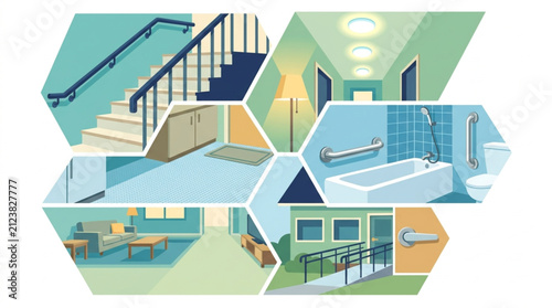 Illustrative collage of accessible building features including stairways, bathrooms, hallways, and ramps, designed for universal safety and inclusivity