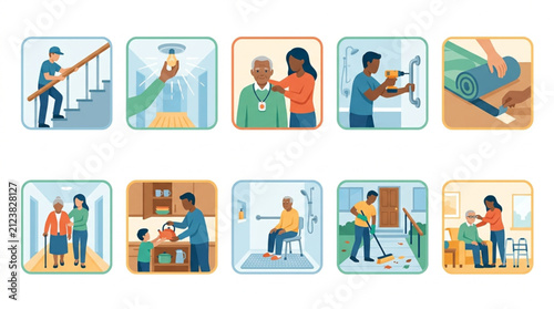 Collection of diverse individuals assisting elderly people with daily tasks, showcasing home care services and support for seniors against a clean, light background