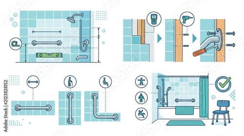 Illustrations demonstrate installing grab bars in a bathroom for accessibility, showing different types and placement options with clear instructions for safety and support