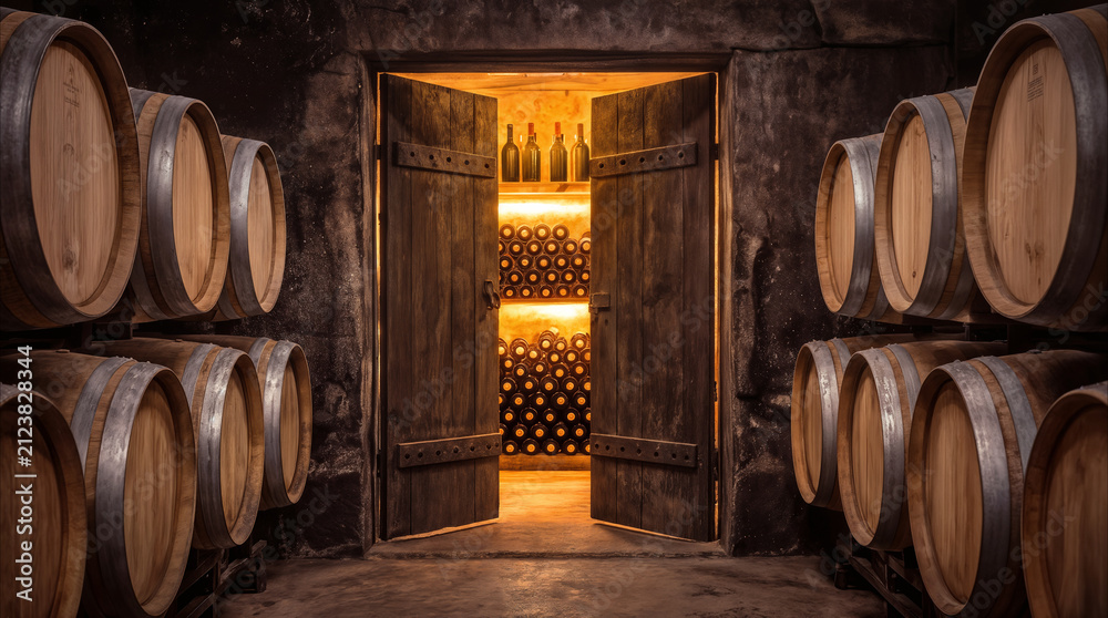 Obraz premium Wooden wine barrels stacked in dark stone cellar. Open heavy doors revealing illuminated storage room with bottles for aging and fermentation.