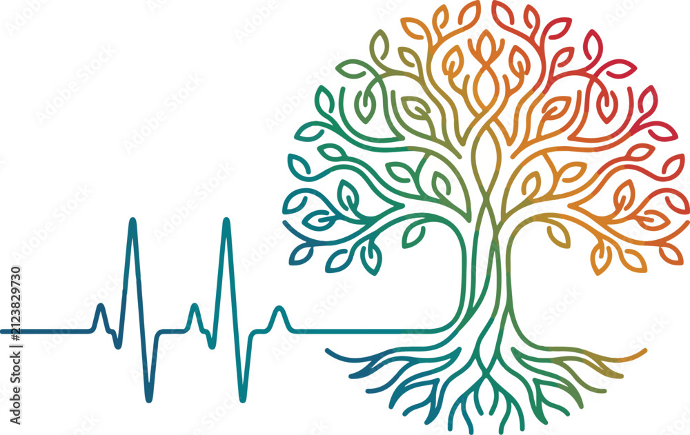Obraz premium Abstract illustration of a tree of life with a heartbeat line, symbolizing health, nature, and vitality