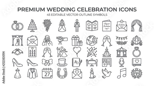 Collection of premium wedding celebration outline icons depicting love marriage and romantic ceremony symbols