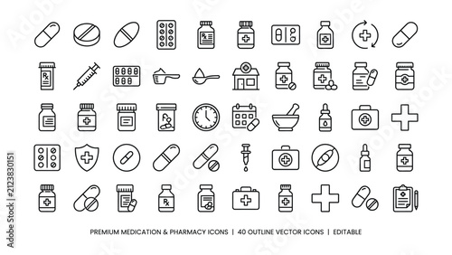 Highquality medication and pharmacy related outline icons illustrating healthcare and drug concepts for medical design projects