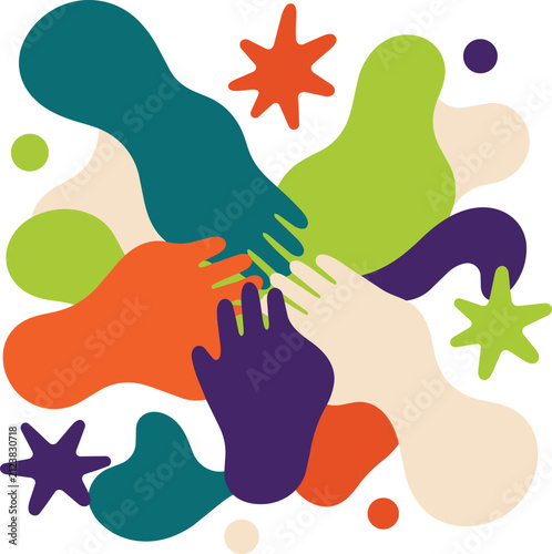 Hands Joining Together Star Burst Unity Teamwork Abstract Organic Blob Shape Business Partnership Concept Flat Design Illustration Vector Icon Minimal Style Modern Bold Colorful