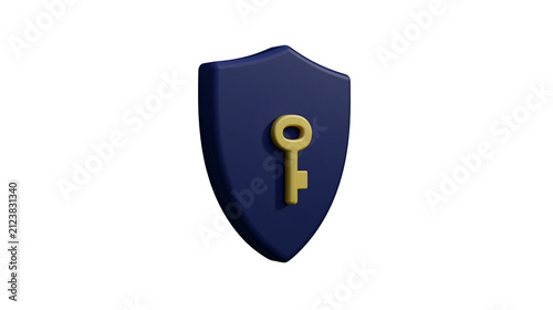 Dark blue shield with golden key symbol, isolated on transparent background