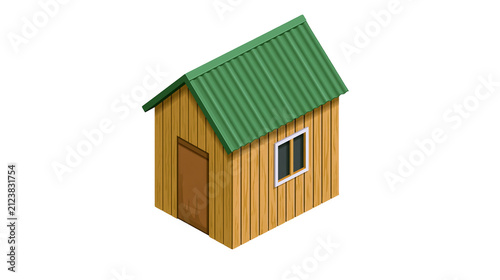 Small wooden cabin with green corrugated roof and brown door, isolated on transparent background