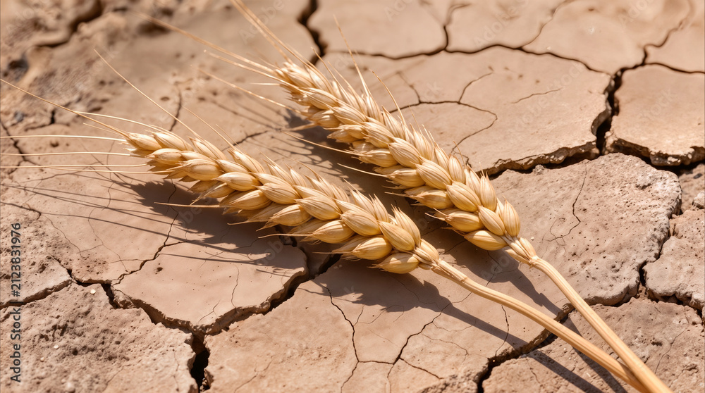 Naklejka premium Parched wheat stalks resting on cracked desert soil. Agricultural failure and extreme drought conditions in arid environment.