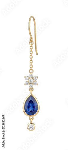 Fotografie Elegant gold dangle earring featuring a pear-shaped sapphire and diamond accents
