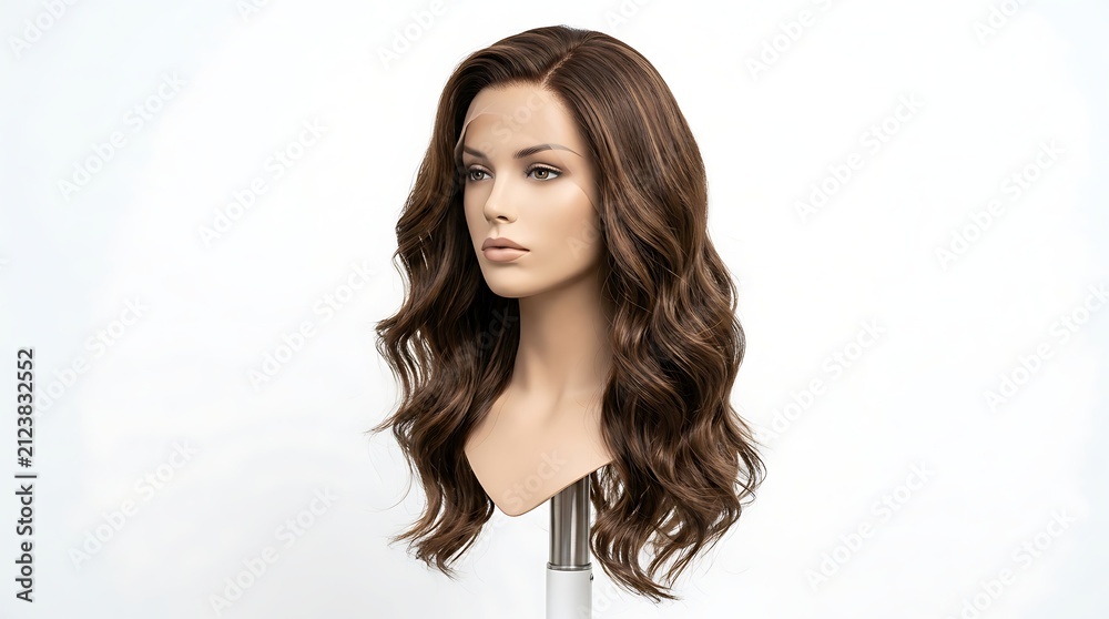 Fototapeta premium Brunette Wavy Lace Front Wig on Mannequin Head Isolated on White Background for Hair Fashion Display