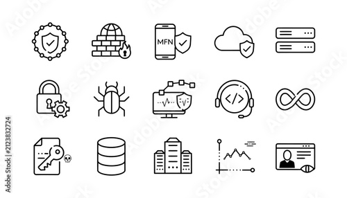 Professional cybersecurity and cloud infrastructure outline icon pack