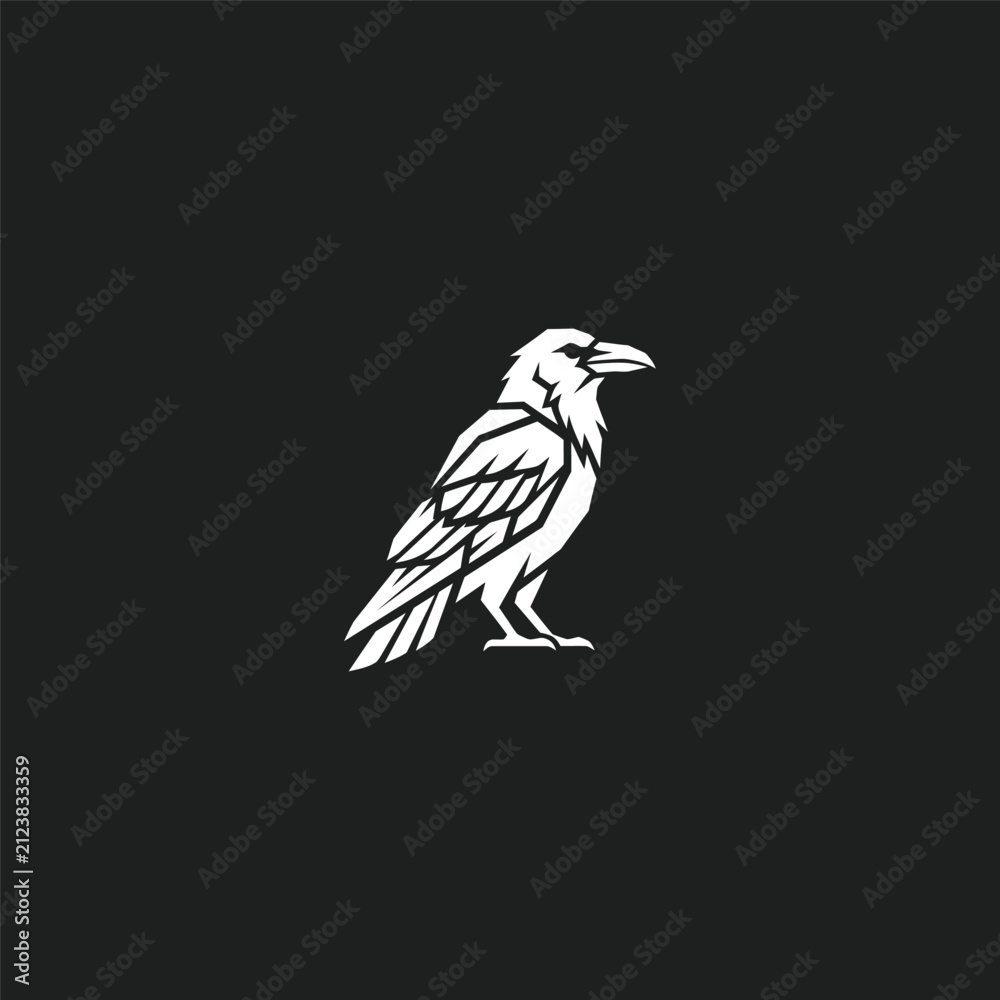Naklejka premium Minimalist Geometric Raven Vector Icon on Black Background