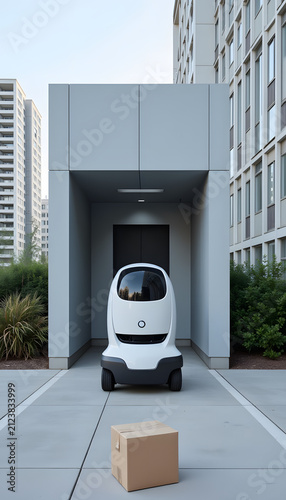 Autonomous delivery robot arriving at modern office building entrance
