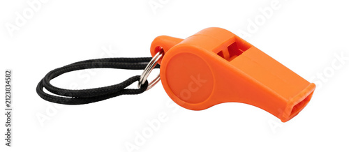 Bright orange plastic whistle with black lanyard on a white background