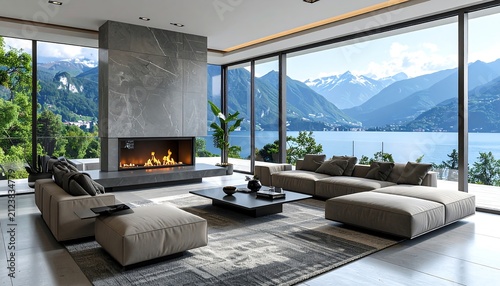 Luxurious Modern Living Room Overlooking Serene Mountain Lake Through Panoramic Windows