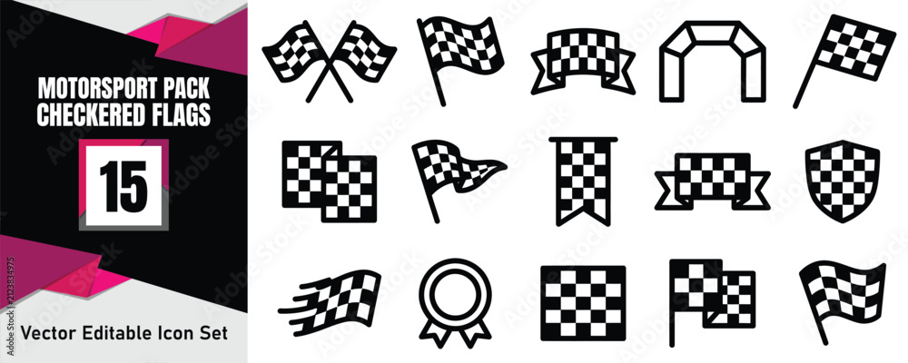 Fototapeta premium Set of fifteen black and white checkered flag icons for motorsport racing and competition design elements