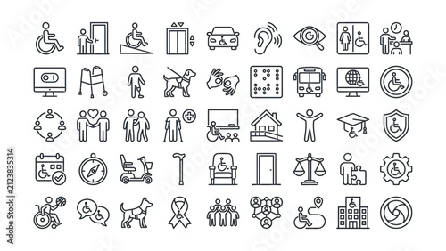 Modern accessibility and disability line icons collection representing inclusive design and diverse needs vector illustration