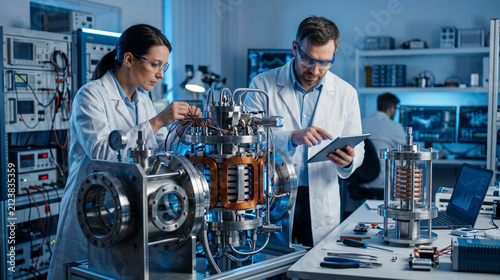 Photoreal startup-lab scene with researchers beside a compact fusion coil prototype, a vacuum chamber flange, and a clean tabletop model reactor. Cool blue light, optimistic mood, realistic metal