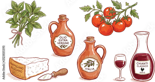 Cuadro en lienzo Hand drawn Italian food ingredients set vector with olive oil basil tomatoes par