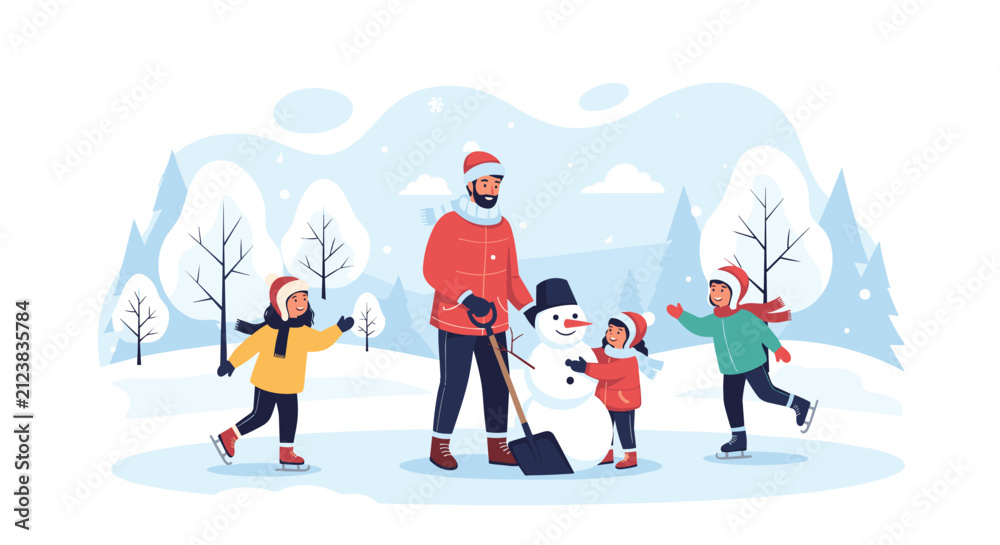 Fototapeta premium Happy family with active young children building a snowman and having fun in the snowy winter forest park on weekend.
