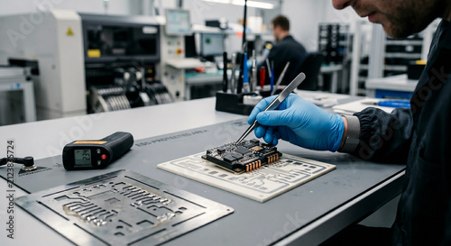 Electronics engineer aligning an EV power module on a ceramic substrate at an ESD bench with solder stencil, tweezers, and infrared thermometer.