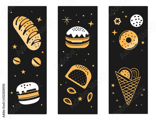 Bakery Food Banner Set – Vertical Advertising Banners Isolated on Black Background Editable Vector