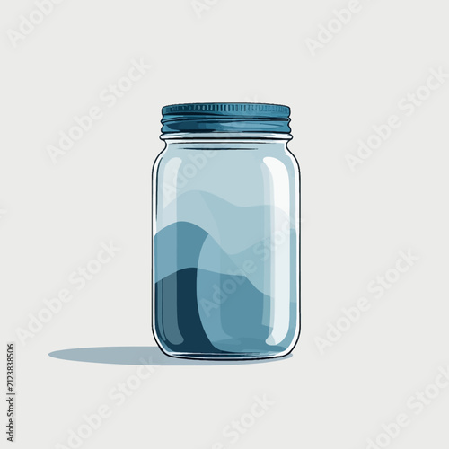 Empty Glass Jar with Blue Liquid on White Background.