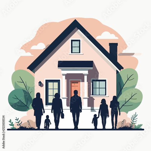 Family Standing Outside Modern House in Suburban Neighborhood.