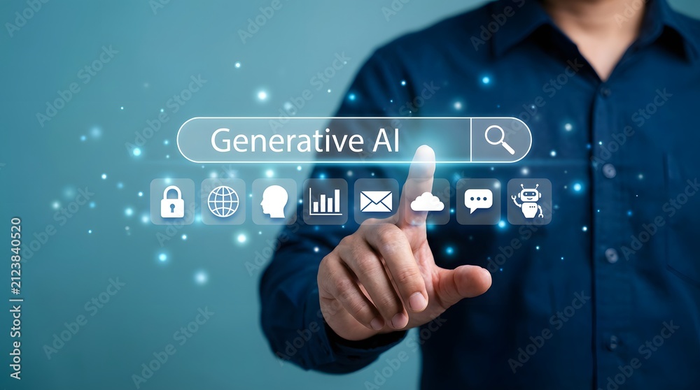 Obraz premium Man touches a generative AI search bar on a virtual screen with various application icons.
