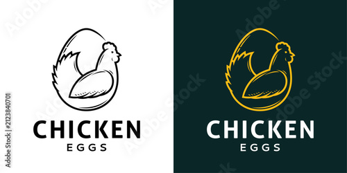 Vintage line art vector logo design featuring a stylized hen inside an egg outline with engraved shading details for poultry farms, organic eggs, food packaging, and farmers' markets