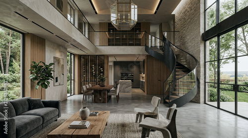 Modern Luxury Living Room with Spiral Staircase and Mezzanine Loft
