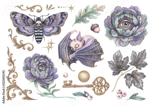 Halloween gothic set with cute bat and eye peony flowers. Hand drawn watercolor death head moth with antique key and gold moon. Witch graphic for autumn fantasy design. Victorian botanical collection.