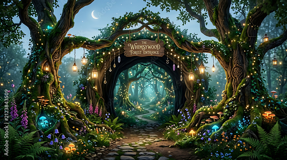 Obraz premium Magical fairy forest portal with glowing lights and lush green trees in an enchanted fantasy garden atmosphere with sparkling bokeh particles creating a mystical and dreamy nature landscape