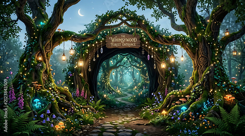 Magical fairy forest portal with glowing lights and lush green trees in an enchanted fantasy garden atmosphere with sparkling bokeh particles creating a mystical and dreamy nature landscape