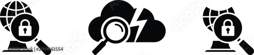 PrintCloud Security and Network Protection Icons Featuring Cybersecurity Monitoring, Secure Internet Access and Digital Threat Detection Concepts
