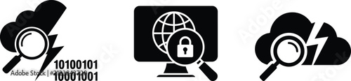 PrintCybersecurity Monitoring and Cloud Security Icons with Network Protection, Threat Detection, Secure Internet and Digital Privacy Concepts