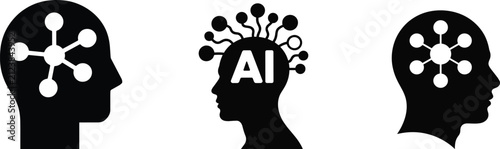 PrintArtificial Intelligence Human Head Icons Set with Neural Network, Machine Learning and AI Brain Technology Silhouettes