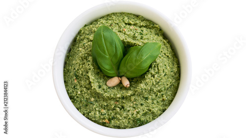 Bild auf Leinwand Fresh green pesto sauce with basil leaves and pine nuts, isolated on transparent