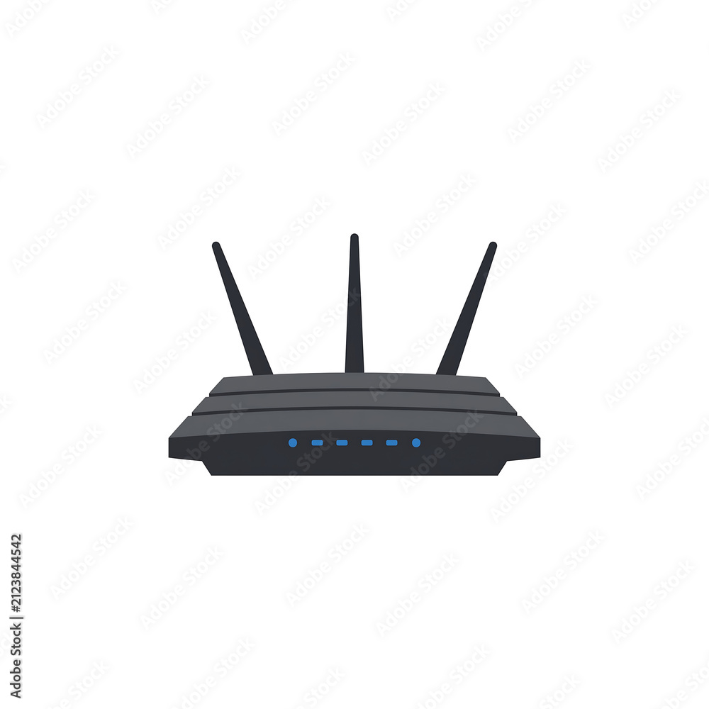 Fototapeta premium Modern black wireless internet router with three antennas and blue indicator lights on a white background.