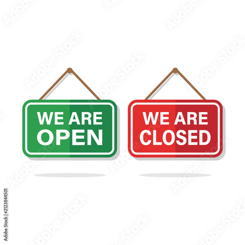Red and green hanging business signs with open and closed text