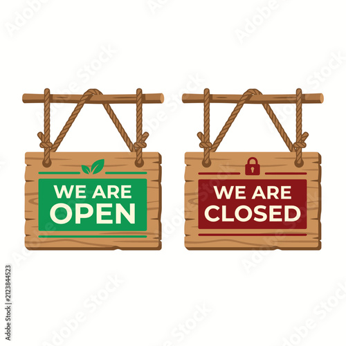 Rustic wooden hanging signs showing open and closed status
