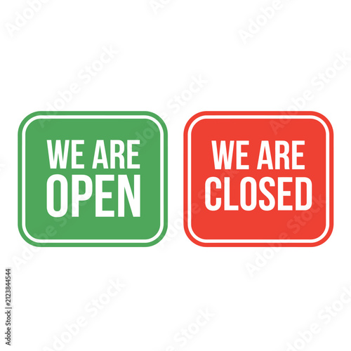 Green and red open and closed business signs set on white background