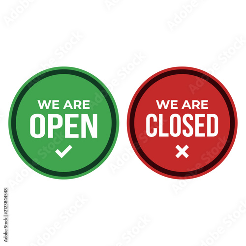 Green open and red closed circular signs for business status