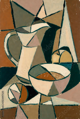Cubist-style still life with vases and fruit