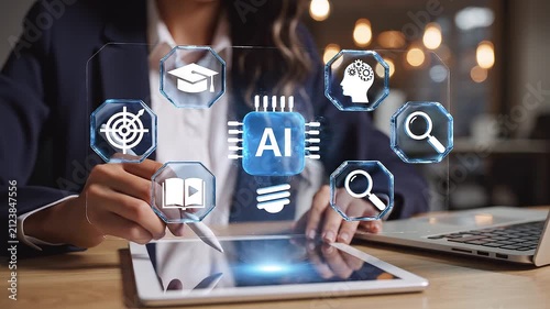 Artificial intelligence technology tablet for business interface education search target data digital learning concept, touchscreen analytics, online study, automation, virtual icons