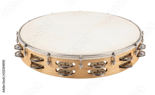 Fotografía Percussion instrument with a wooden frame and jingles for rhythmic music creatio